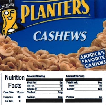 Planters Cashews Product Label With Nutrition Information - Gumball Machine Warehouse