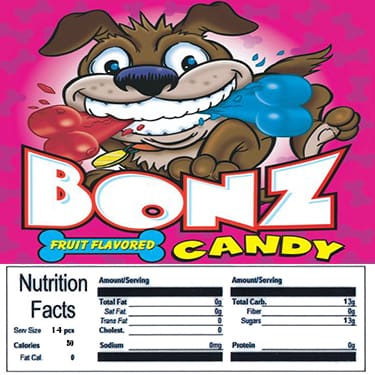Bonz Product Label With Nutrition Information - Gumball Machine Warehouse