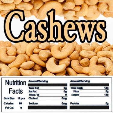 Cashews Product Label With Nutrition Information - Gumball Machine Warehouse