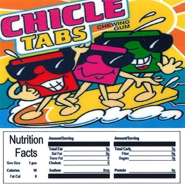 Chicle Tabs Product Label With Nutrition Information - Gumball Machine Warehouse