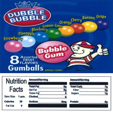 Dubble Bubble Gumball Product Label With Nutrition Information - Gumball Machine Warehouse