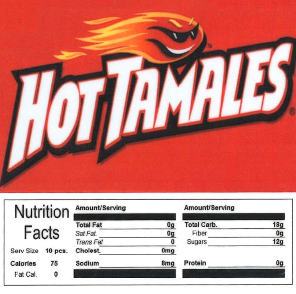 Hot Tamales Product Label With Nutrition Information - Gumball Machine Warehouse