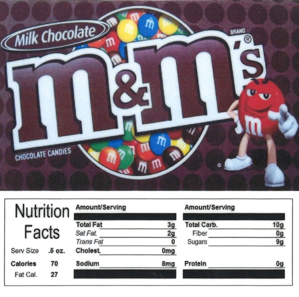 M&ms Regular Product Label With Nutrition Information - Gumball Machine Warehouse