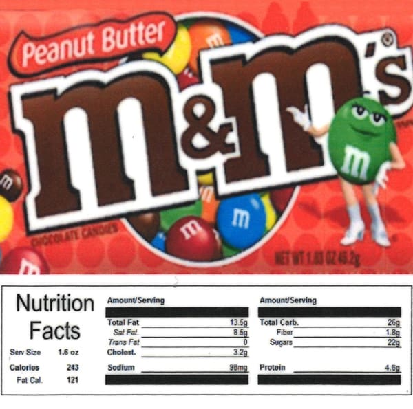 Peanut Butter M&ms Product Label With Nutrition Information - Gumball  Machine Warehouse