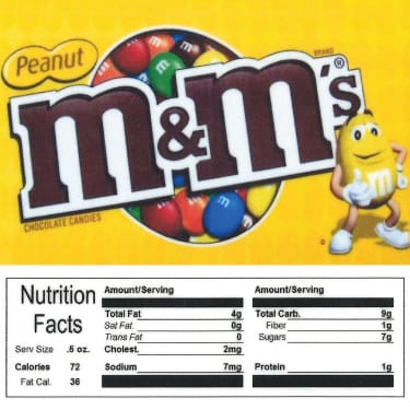 Peanut M&ms Product Label With Nutrition Information - Gumball Machine Warehouse