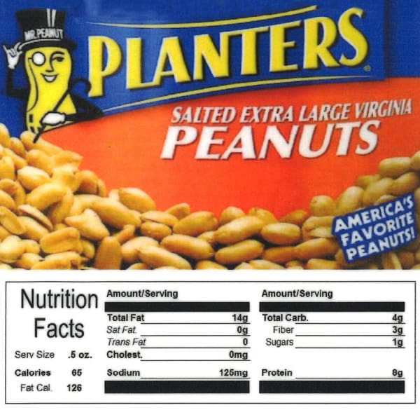 Planters Peanut Product Label With Nutrition Information - Gumball Machine Warehouse