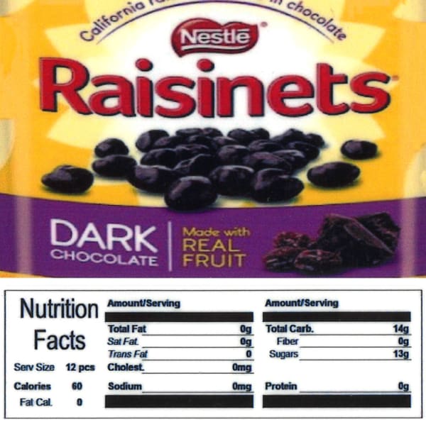 Raisinets Product Label With Nutrition Information - Gumball Machine Warehouse
