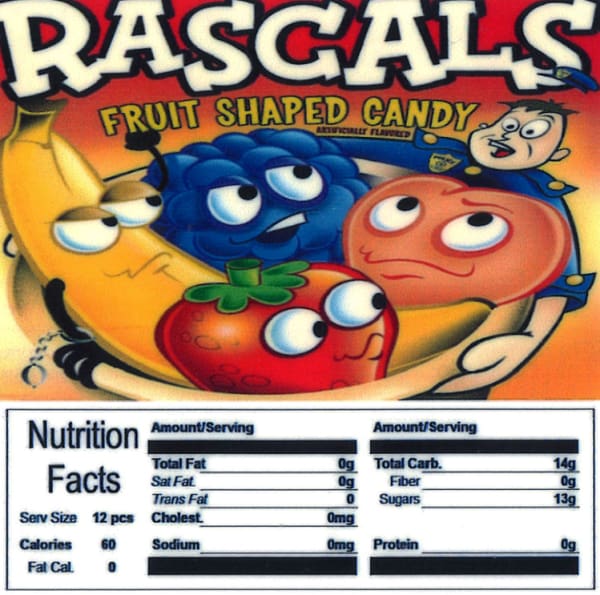 Rascals Product Label With Nutrition Information - Gumball Machine Warehouse