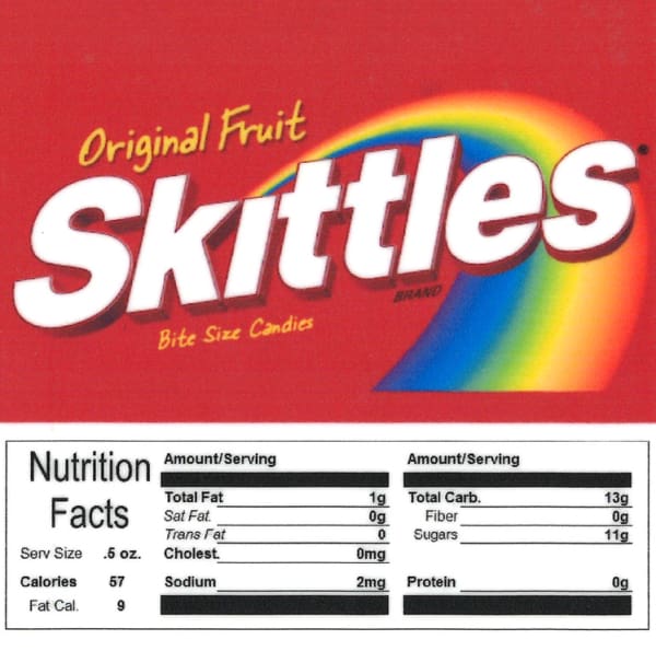 Skittles Product Label With Nutrition