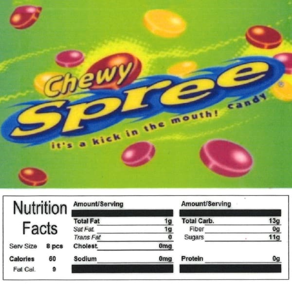 Sprees Product Label With Nutrition Information - Gumball Machine Warehouse